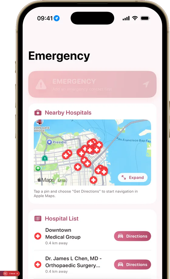 The Momly emergency screen with nearby hospitals on a map and quick call actions