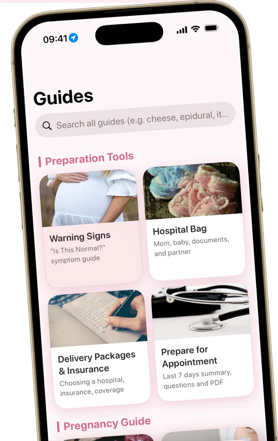 The Momly guides screen listing pregnancy and postpartum guide cards